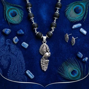 Karungali Silver Cap With Peacock Pendant With Lab Certification(8MM)