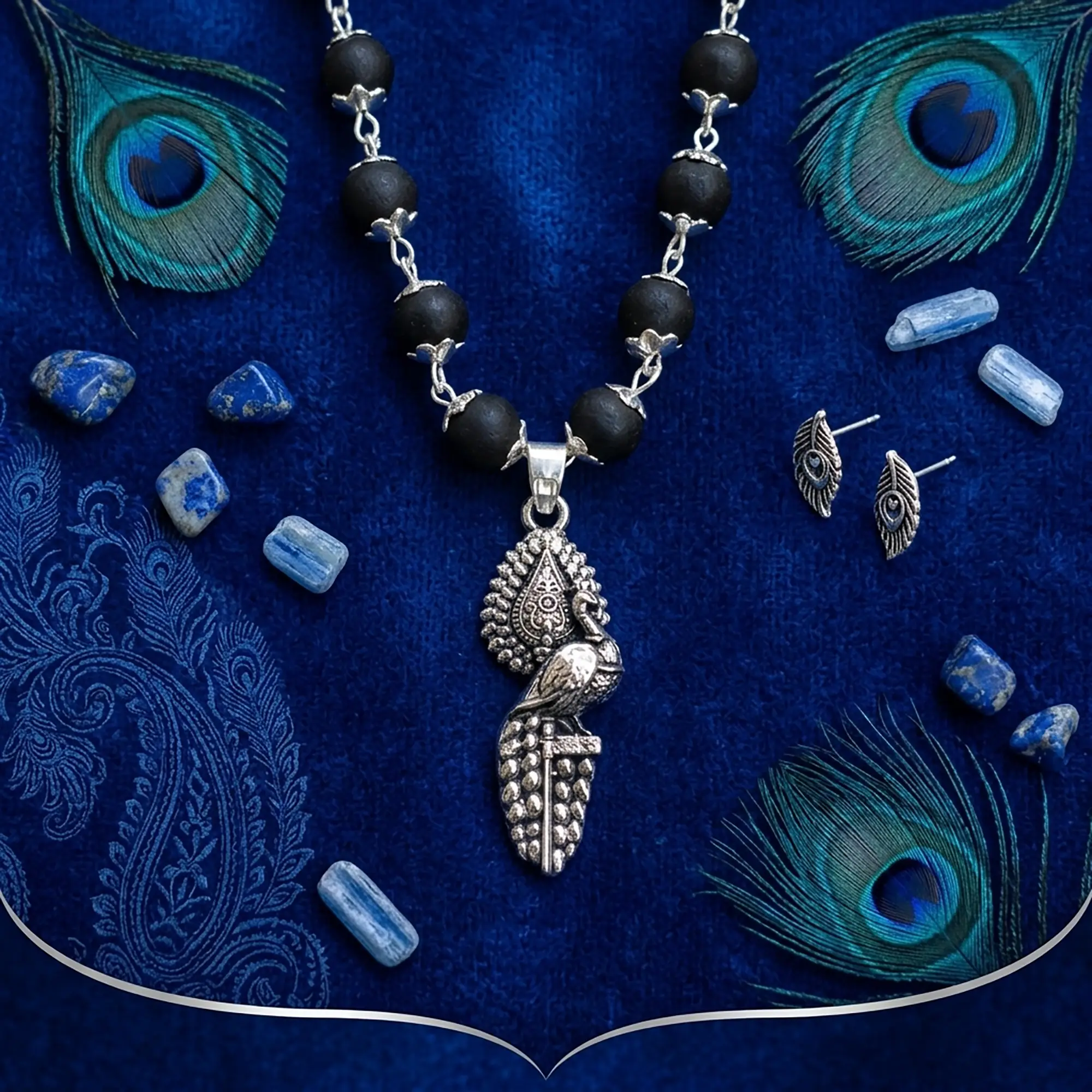 Karungali Silver Cap With Peacock Pendant With Lab Certification(8MM)