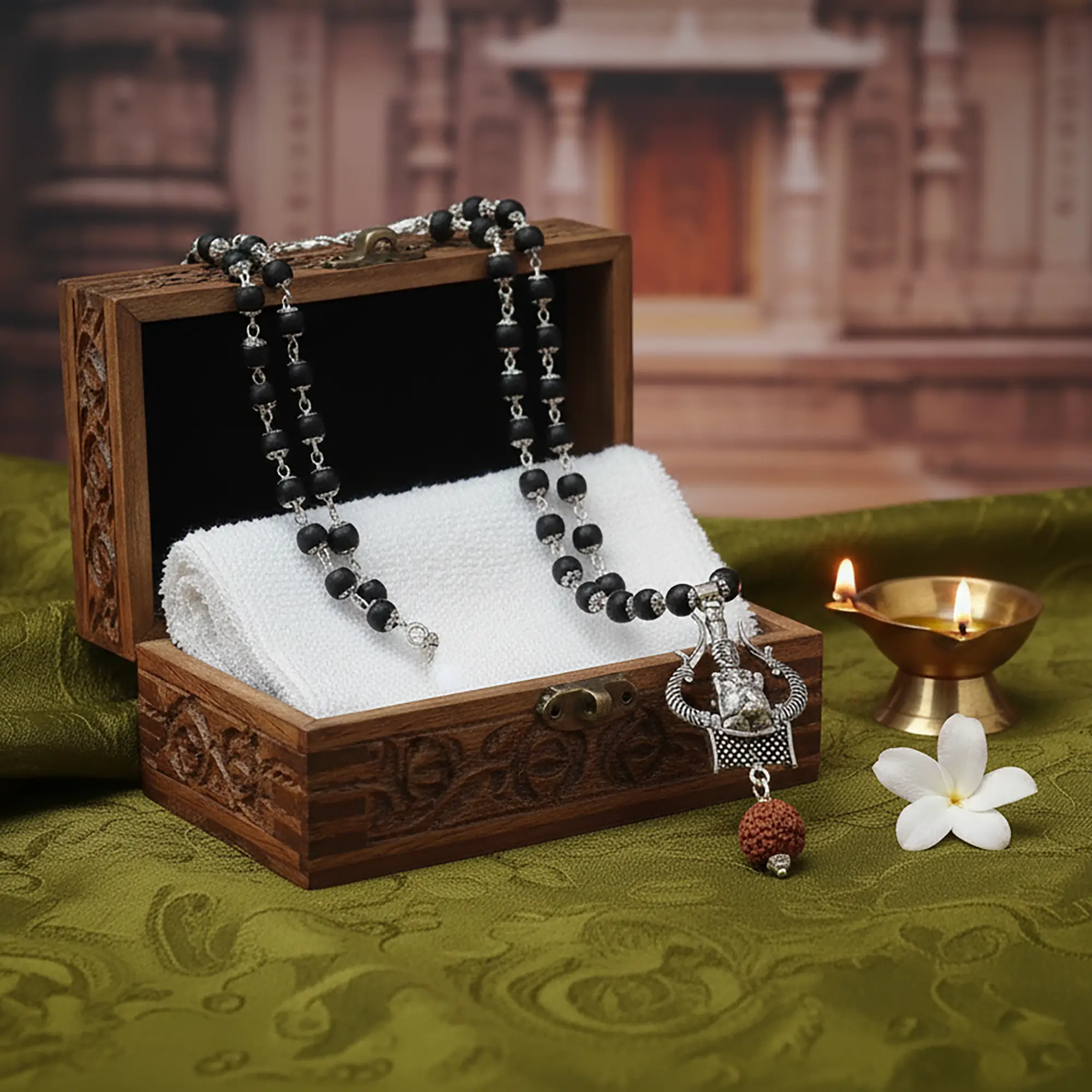 Karungali Malai With Rudraksh Trisool Pendant(8MM)